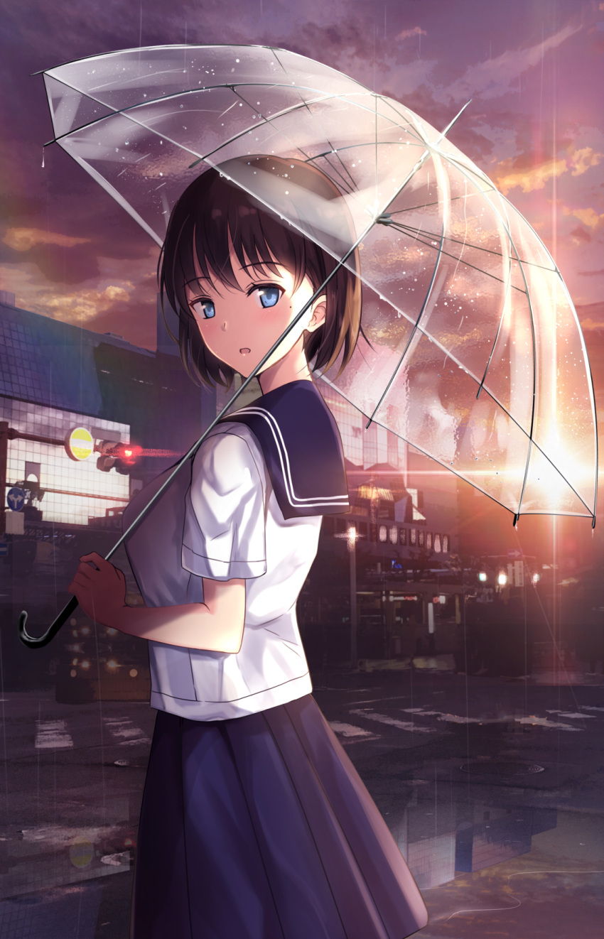1girl arms_up blouse blue_eyes blue_sailor_collar blue_skirt breasts building clouds cloudy_sky come_hither evening eyebrows_visible_through_hair highres holding holding_umbrella looking_at_viewer medium_breasts original outdoors rain road sailor_collar skirt sky solo standing street transparent_umbrella umbrella untsue white_blouse