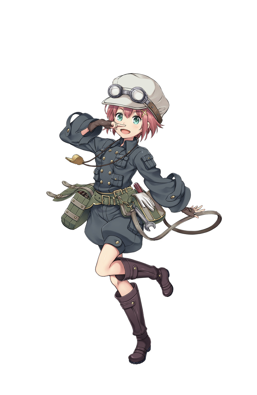 1girl aqua_eyes belt brown_gloves brown_hat finger_to_nose fingerless_gloves full_body gloves gloves_removed goggles goggles_on_headwear hat highres jacket looking_at_viewer official_art pocket princess_principal princess_principal_game_of_mission redhead screwdriver short_hair solo standing standing_on_one_leg tina_flywheel utility_belt whistle white_gloves wrench