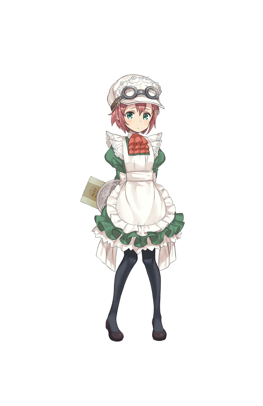 arms_behind_back black_legwear black_shoes dress full_body goggles goggles_on_headwear green_dress green_eyes hair_ornament hat highres holding holding_tray maid official_art pantyhose princess_principal princess_principal_game_of_mission redhead shoes short_hair solo standing tina_flywheel tray white_hat x_hair_ornament