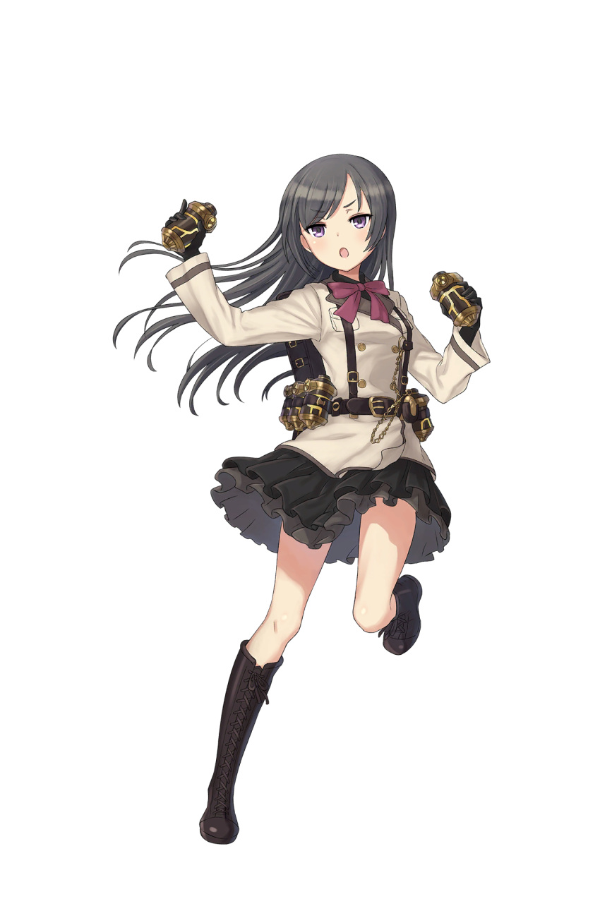 1girl backpack bag belt belt_pouch black_gloves black_hair black_skirt boots cross-laced_footwear gloves highres long_hair looking_at_viewer official_art open_mouth pocket princess_principal princess_principal_game_of_mission skirt sophie_mackenzie standing standing_on_one_leg violet_eyes watch