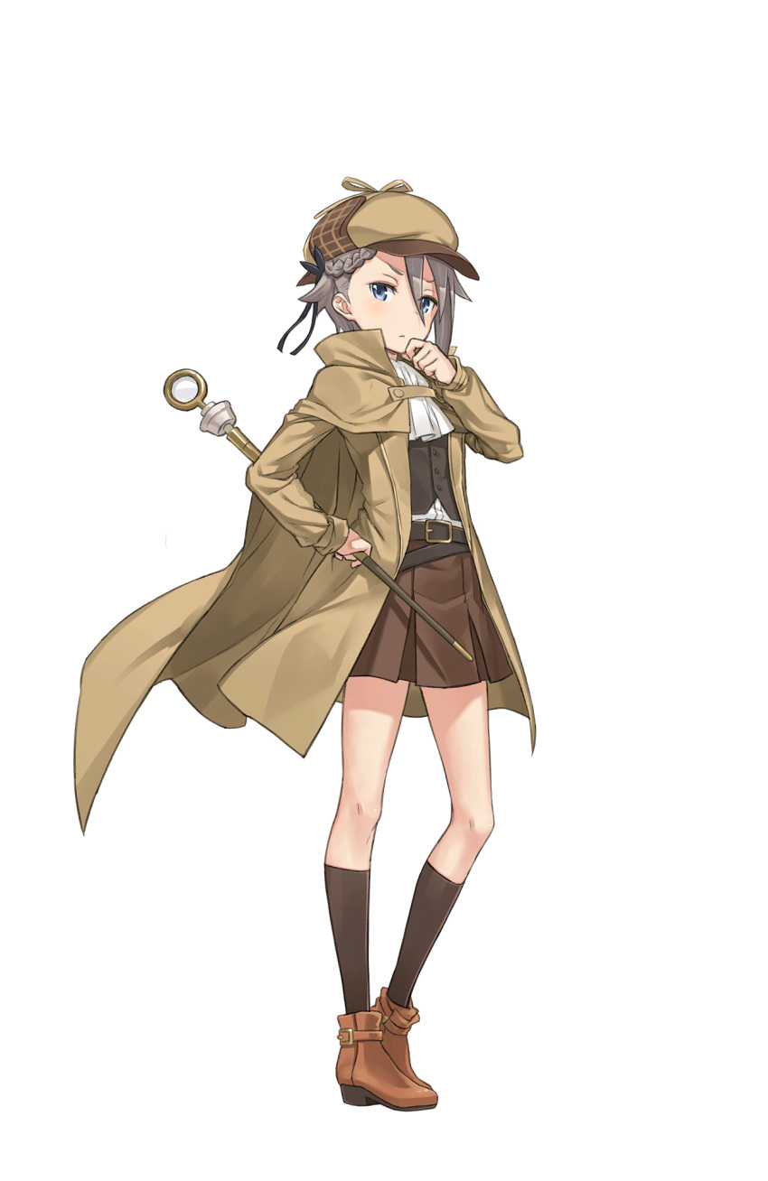 1girl ange_(princess_principal) ascot belt blue_eyes braid brown_hat brown_legwear brown_shoes brown_skirt detective full_body hand_on_own_chin hat highres jacket princess_principal princess_principal_game_of_mission shoes silver_hair skirt socks solo standing walking_stick