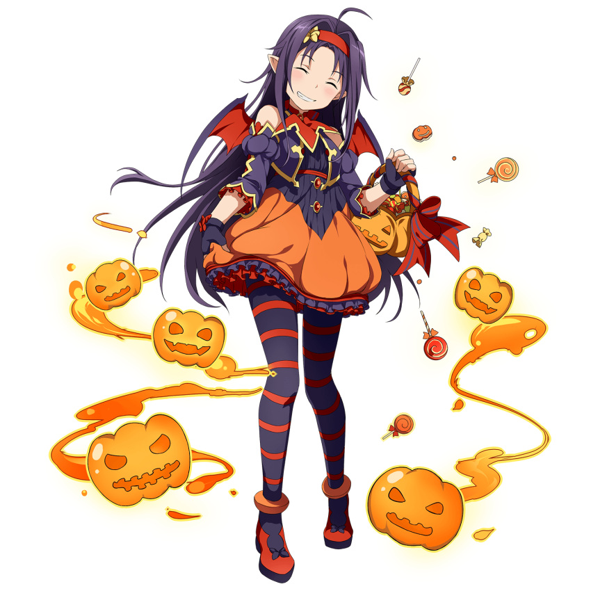 1girl ahoge bat_wings blush bucket carrying closed_eyes grin hairband halloween_costume highres jack-o'-lantern long_hair official_art pointy_ears purple_hair skirt smile solo striped striped_legwear sword_art_online transparent_background wings yuuki_(sao)