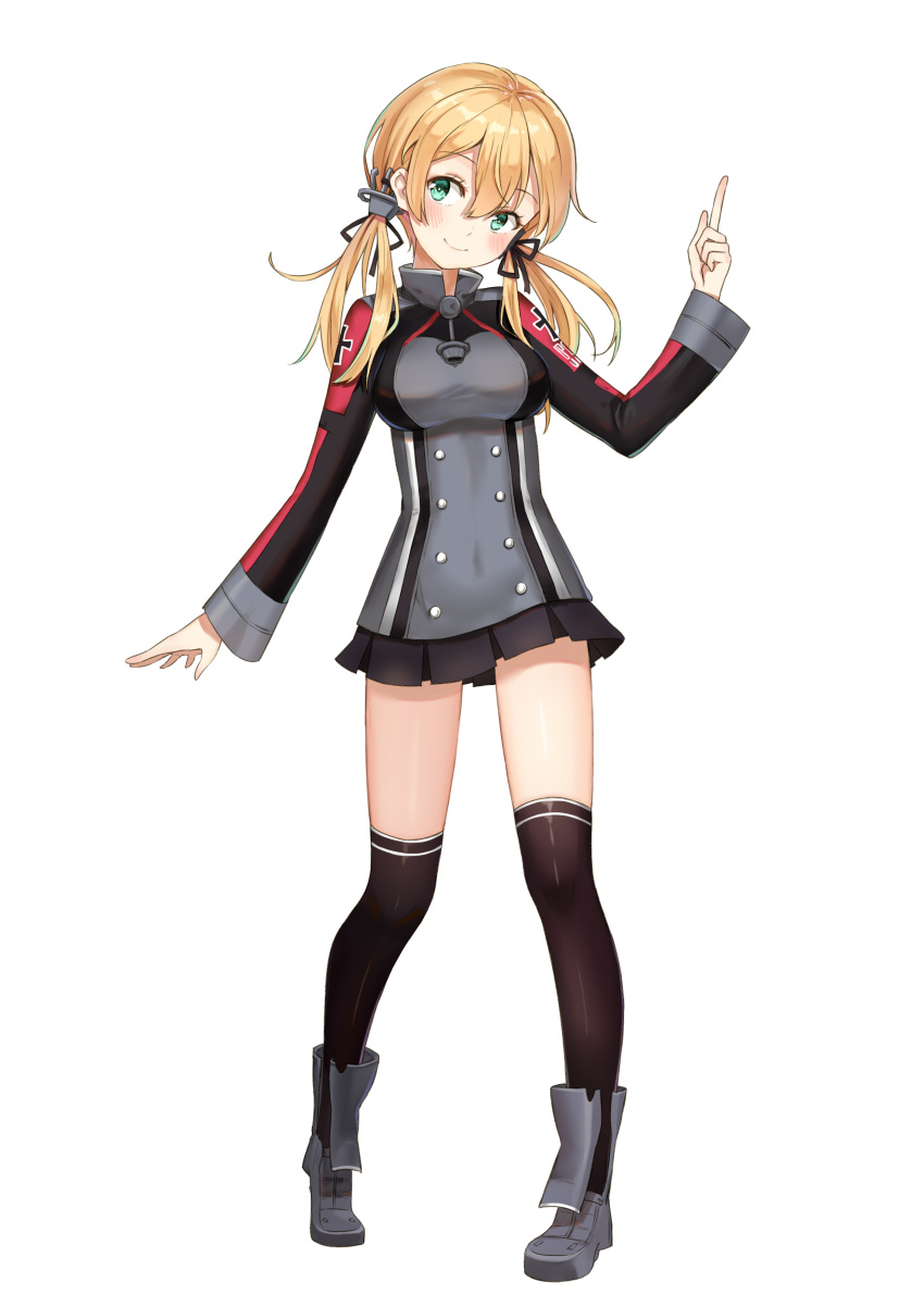 1girl absurdres black_legwear black_ribbon black_skirt blonde_hair eyebrows_visible_through_hair full_body green_eyes hair_between_eyes hair_ribbon head_tilt highres index_finger_raised kantai_collection long_hair looking_at_viewer microskirt pleated_skirt prinz_eugen_(kantai_collection) ribbon shiny shiny_clothes simple_background skirt smile solo standing thigh-highs twintails white_background yuhuan