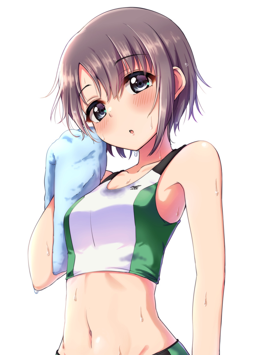 1girl absurdres bangs bare_shoulders blush breasts collarbone grey_eyes grey_hair hand_up highres idolmaster idolmaster_cinderella_girls looking_at_viewer navel open_mouth otokura_yuuki rariemonn short_hair simple_background small_breasts solo sports_bra sweat sweat_stain sweating towel upper_body waist white_background wiping_sweat