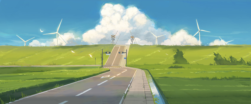 blue_sky clouds cloudy_sky commentary_request day field grass highres hill huanxiang_huifeng no_humans original outdoors road road_sign scenery sign sky tree wind_turbine windmill