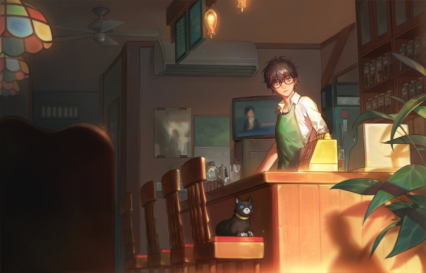 1boy apron black_hair glasses highres kurusu_akira looking_at_viewer male_focus morgana_(persona_5) persona persona_5 short_hair smile