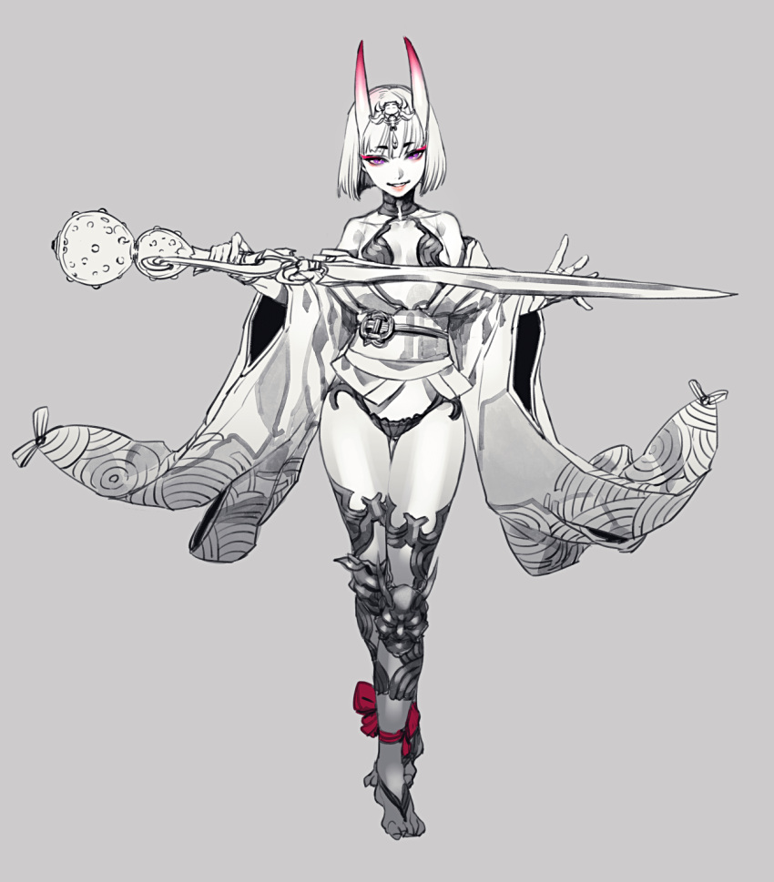 1girl armor bangs bare_shoulders barefoot blunt_bangs bob_cut breasts diadem eyebrows_visible_through_hair fate/grand_order fate_(series) full_body gem grey_background greyscale highres holding holding_sword holding_weapon horns japanese_clothes kimono knee_pads legband lipstick looking_at_viewer makeup monochrome obi off_shoulder oni_horns parted_lips pink_lips pink_lipstick sash short_eyebrows short_hair shuten_douji_(fate/grand_order) simple_background small_breasts smile solo spot_color standing sword thigh_gap violet_eyes weapon yosi135