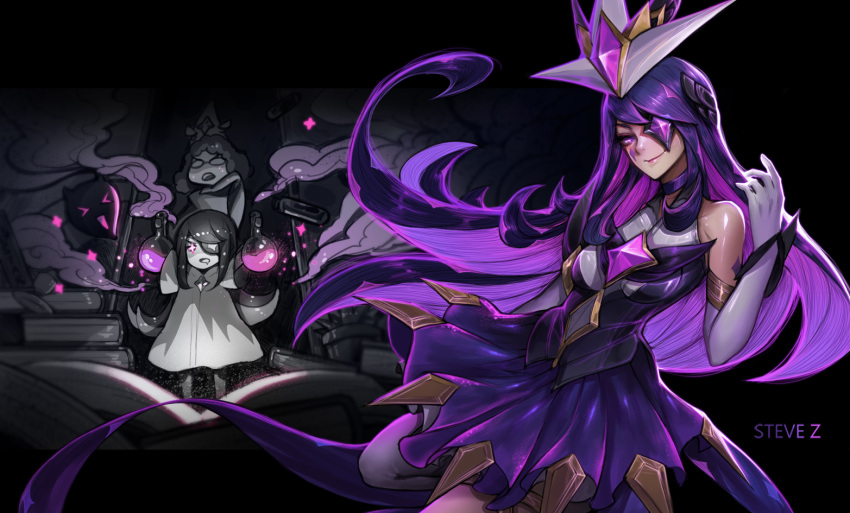 &gt;_&lt; 2girls bare_shoulders book cauldron child dress elbow_gloves eyepatch familiar glasses gloves greyscale hair_ornament league_of_legends long_hair monochrome multiple_girls potion purple_hair skirt smoke star_guardian_syndra steve_zheng syndra violet_eyes younger