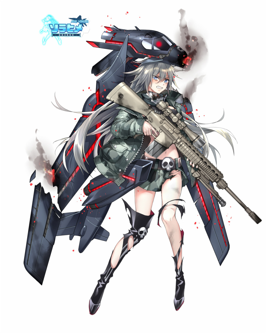 1girl ace_virgin aircraft airplane bangs belt black_boots blue_eyes boots broken burning camouflage camouflage_jacket camouflage_skirt clenched_teeth copyright_name fhalei finger_on_trigger frills full_body grey_hair gun hair_between_eyes helmet high_heel_boots high_heels highres holding holding_gun holding_weapon jacket knee_boots logo long_hair long_sleeves looking_at_viewer machinery mecha_musume midriff navel pleated_skirt rifle scope skirt skull sniper_rifle solo standing teeth torn_clothes very_long_hair weapon weapon_request white_background