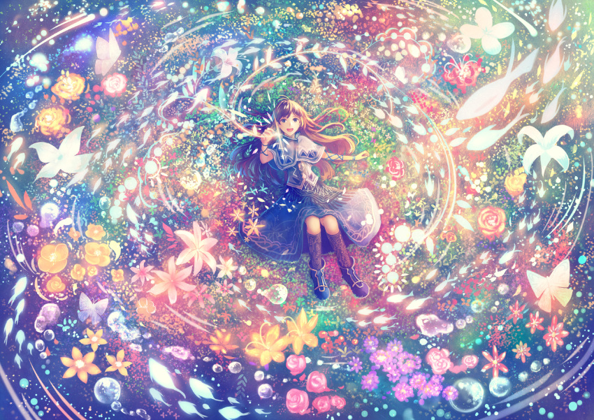 1girl :d ahoge bangs blue_boots blue_eyes boots brown_hair capelet colorful commentary_request field flower flower_field from_above highres long_hair looking_up lying magic on_back open_mouth original pointing pointing_at_viewer sakimori_(hououbds) shirt short_sleeves smile socks solo