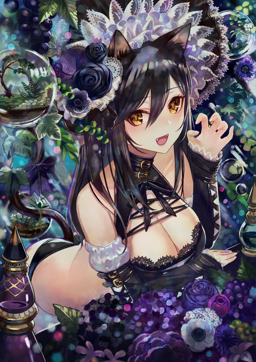 1girl :d animal_ears arched_back arm_warmers bangs black_hair blush breasts brown_eyes cat_ears cat_girl cat_tail cleavage eyebrows_visible_through_hair fang flower hair_between_eyes hair_ornament hand_up headdress highres hydrangea large_breasts long_hair looking_at_viewer open_mouth original smile solo tail teeth terai_(teraimorimori) tsurime