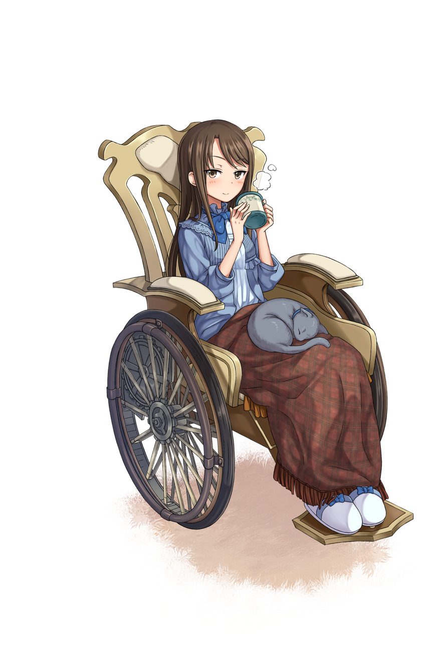 1girl black_cat blue_bow blush bow brown_eyes brown_hair cat cat_on_lap cup full_body highres long_hair looking_at_viewer mug official_art plaid_blanket princess_principal princess_principal_game_of_mission shirley_collins shoes sitting solo steam wheelchair white_shoes