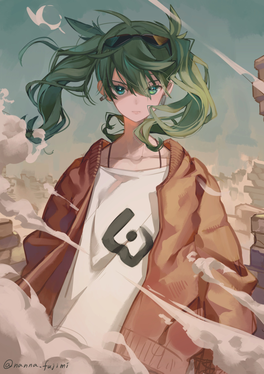 1girl 778-go ahoge alternate_costume bomber_jacket determined dust earrings green_eyes green_hair hatsune_miku highres jacket jewelry long_hair looking_at_viewer rubble ruins signature solo suna_no_wakusei_(vocaloid) sunglasses sunglasses_on_head twintails vocaloid