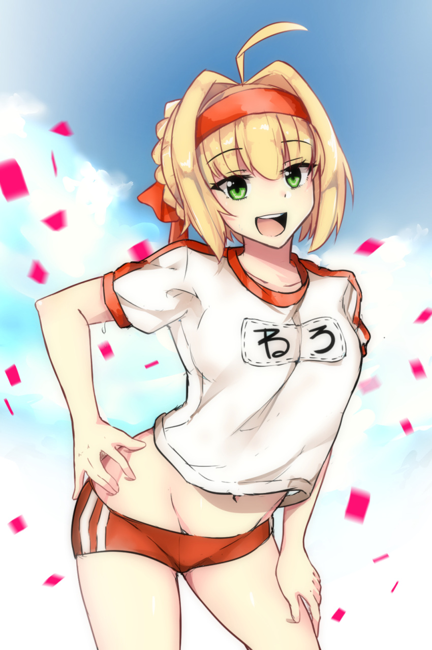 1girl ahoge blonde_hair braid breasts buruma fate_(series) green_eyes gym_shirt gym_uniform hair_ribbon hairband highres looking_at_viewer open_mouth red_buruma ribbon saber_extra shirt short_hair smile solo t-shirt white_shirt zeroyama