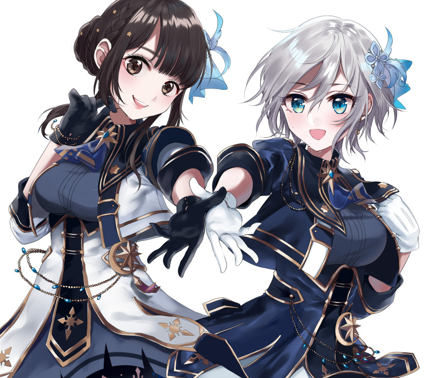 2girls absurdres anastasia_(idolmaster) blue_eyes brown_eyes brown_hair grey_hair highres idol idolmaster idolmaster_cinderella_girls long_hair multiple_girls open_mouth short_hair simple_background sinsihukunokonaka smile white_background