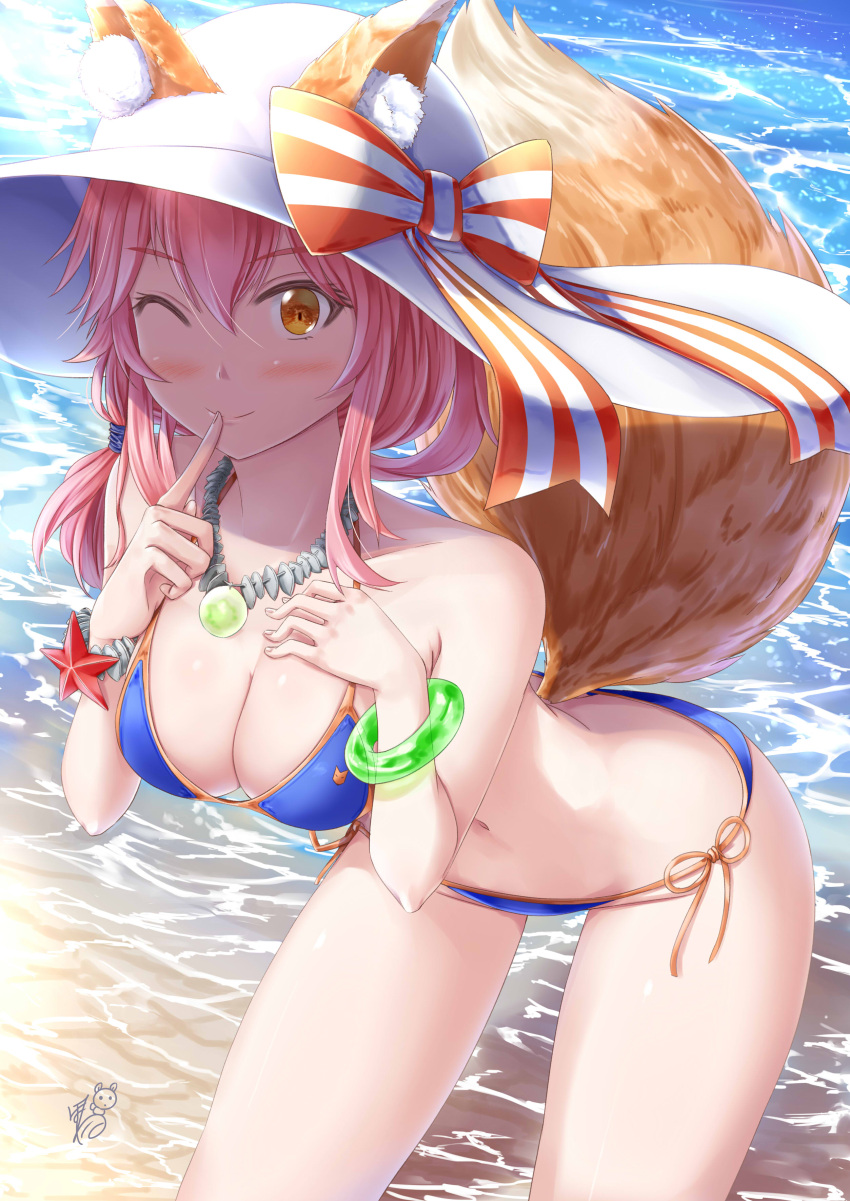 1girl :d ;) absurdres animal_ears ayakase_hotaru bangs bare_arms bare_legs bare_shoulders beach bikini blue_bikini blush bow bracelet breasts cleavage closed_mouth collarbone commentary_request day ears_through_headwear eyebrows_visible_through_hair eyelashes fate/grand_order fate_(series) finger_to_mouth fox_ears fox_tail groin hair_between_eyes hair_tie hand_on_own_chest hands_up hat hat_bow highres index_finger_raised jewelry large_breasts leaning_forward long_hair looking_at_viewer midriff navel necklace ocean one_eye_closed open_mouth outdoors pink_hair shushing side-tie_bikini side_ponytail signature smile solo strap_gap striped striped_bow sun_hat swimsuit tail tamamo_(fate)_(all) tamamo_no_mae_(swimsuit_lancer)_(fate) water white_hat yellow_eyes