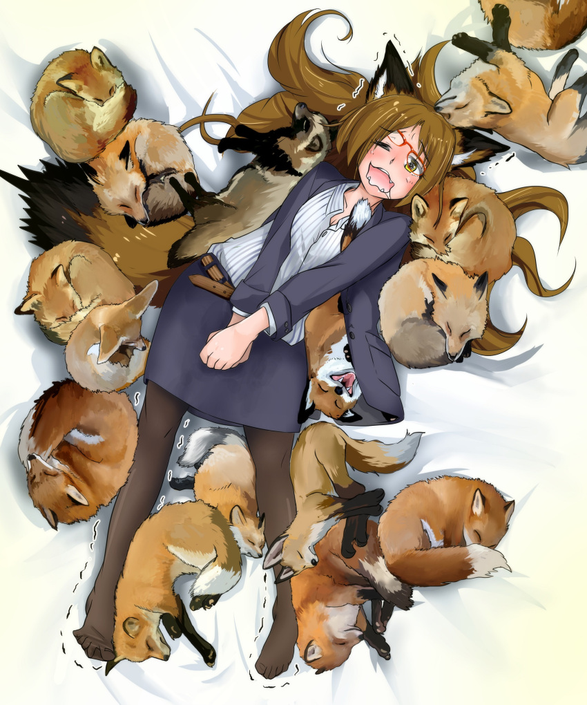 1girl animal animal_ears animal_in_clothes bed bed_sheet belt blue_jacket blue_skirt blush breast_squeeze breasts brown_belt brown_hair brown_legwear cleavage closed_eyes doitsuken dress_shirt drooling flustered fox fox_ears fox_girl fox_tail from_above glasses glasses_removed highres jacket long_hair long_sleeves looking_at_viewer lying medium_breasts motion_lines no_shoes on_back on_bed one_eye_closed open_clothes open_jacket open_mouth original pantyhose pencil_skirt saliva shirt skirt sleeping striped striped_shirt tail too_many_foxes trembling vertical_stripes white_shirt yellow_eyes