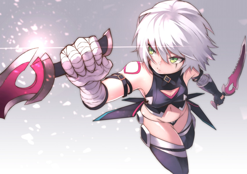 1girl 55level assassin_of_black bandage bandaged_arm belt black_panties dagger fate/apocrypha fate_(series) gradient gradient_background green_eyes grey_background looking_to_the_side navel panties scar scar_across_eye scar_on_cheek short_hair solo underwear weapon white_hair