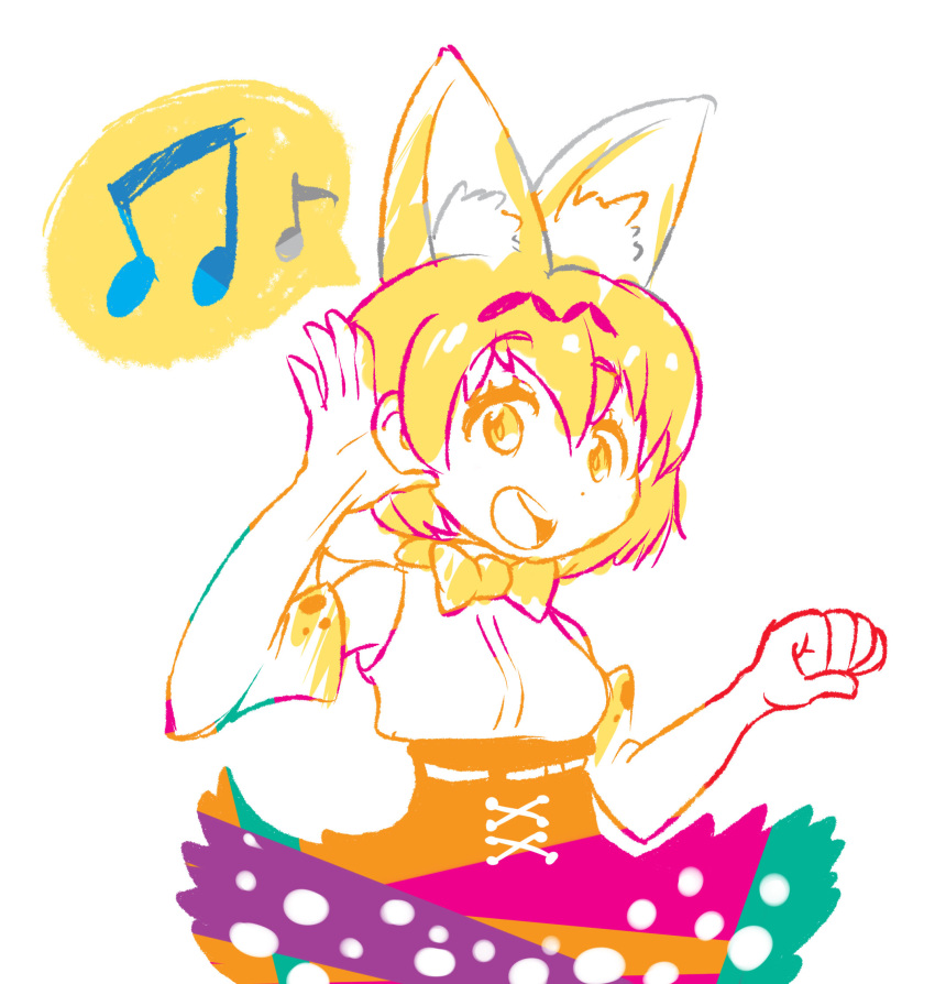 1girl animal_ears beamed_quavers bow bowtie cowboy_shot dot_nose elbow_gloves extra_ears eyebrows_visible_through_hair gloves high-waist_skirt highres kemono_friends musical_note open_mouth quaver round_teeth serval_(kemono_friends) serval_ears serval_print shirt simple_background skirt sleeveless sleeveless_shirt solo speech_bubble teeth triple-q white_background