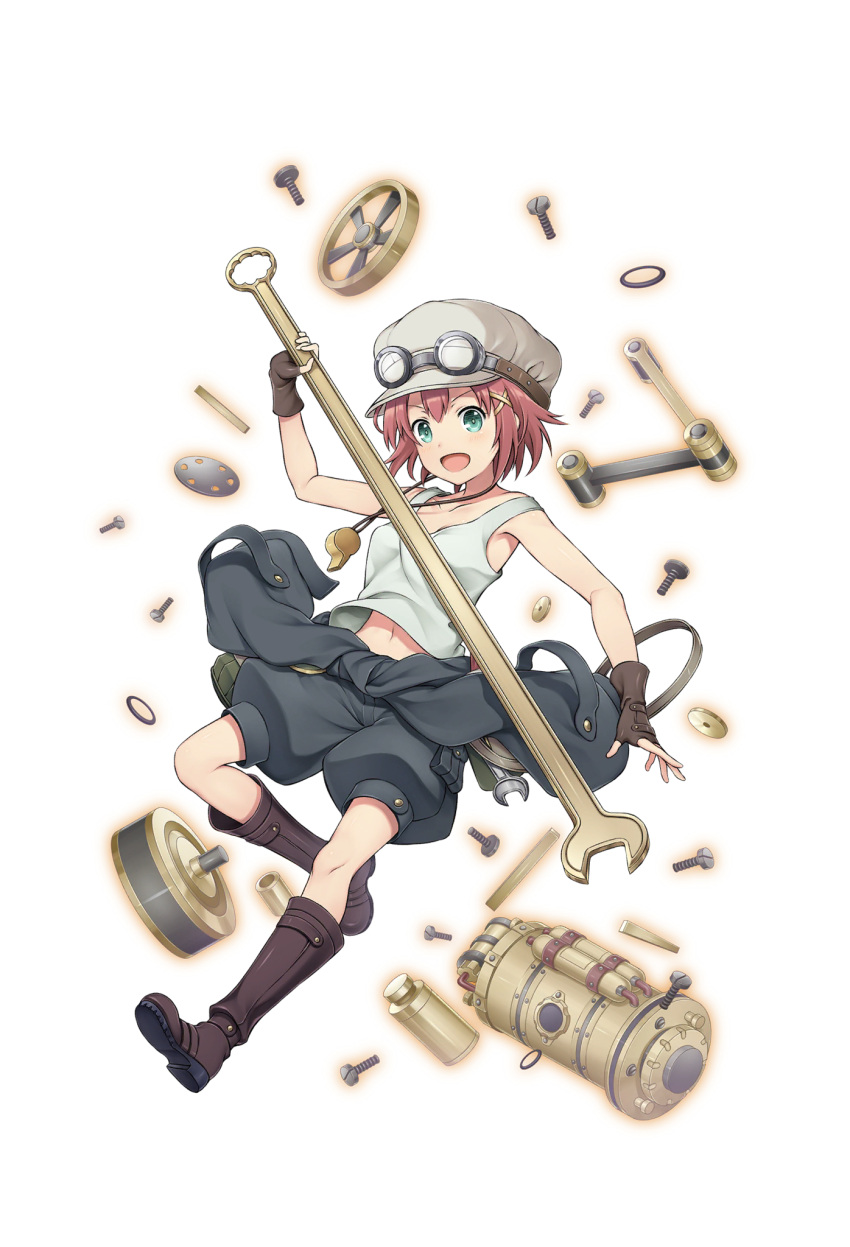 1girl :d aqua_eyes belt black_shorts bolt boots brown_boots brown_gloves brown_hat fingerless_gloves full_body gloves goggles goggles_on_headwear hair_ornament hat highres looking_at_viewer navel official_art open_mouth pouch princess_principal princess_principal_game_of_mission redhead shirt short_hair shorts smile solo tina_flywheel washer whistle white_shirt wrench x_hair_ornament