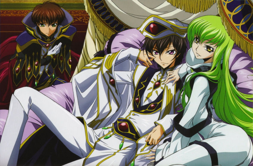 absurdres c.c. code_geass green_hair highres kururugi_suzaku lelouch_lamperouge long_hair official_art violet_eyes yellow_eyes