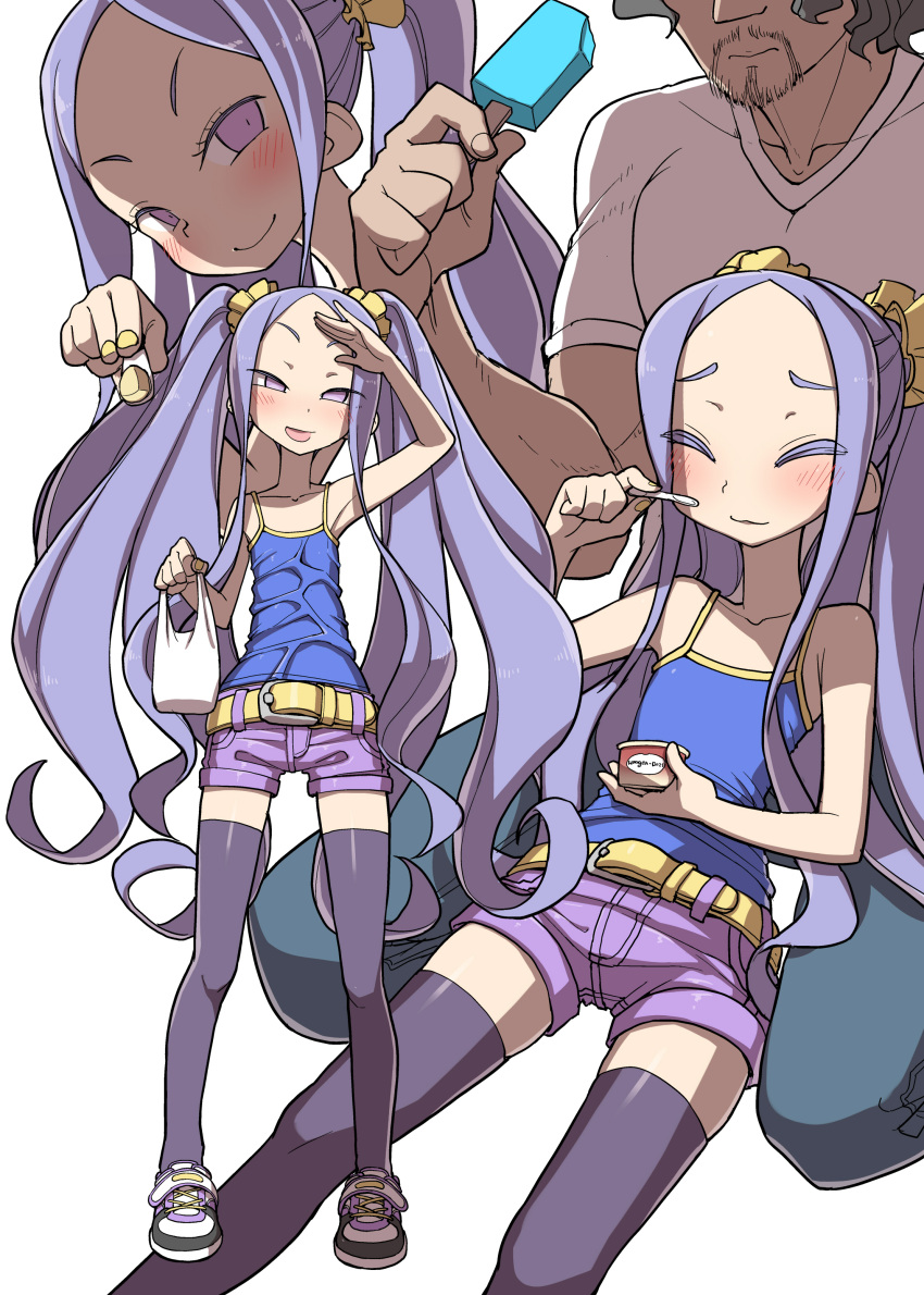 1boy 1girl :3 :d ^_^ absurdres alternate_costume beard belt blush casual closed_eyes collarbone facial_hair fate/grand_order fate_(series) flat_chest food forehead haagen-dazs highres ice_cream long_hair looking_at_viewer nail_polish open_mouth popsicle purple_hair purple_legwear shorts simple_background sitting sleeveless smile tanaka_ahiru thigh-highs twintails very_long_hair violet_eyes white_background wu_zetian_(fate/grand_order) yellow_nails