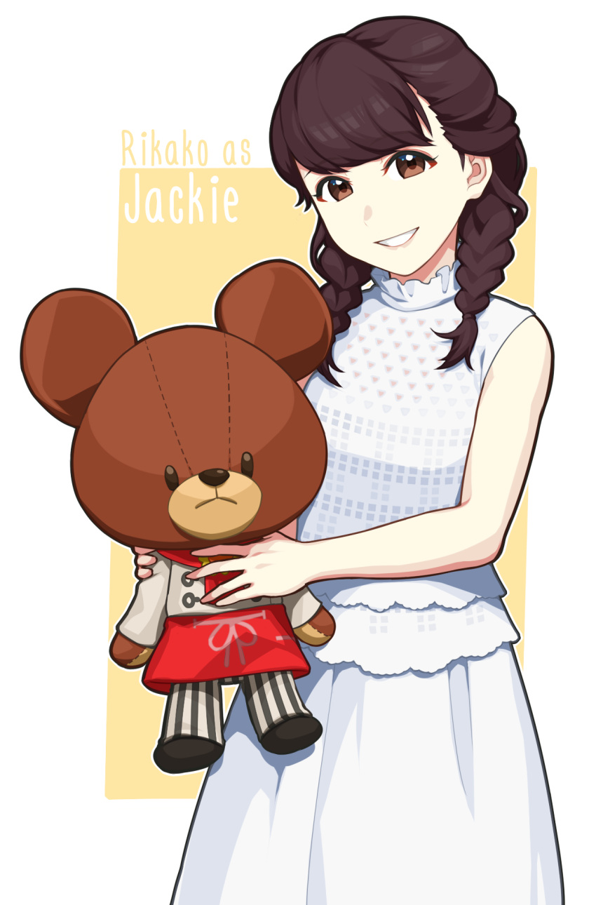 1girl aida_rikako bangs bear braid brown_eyes brown_hair character_name chu_kai_man dress english grin highres holding jackie_(kuma_no_gakkou) kuma_no_gakkou:_patissier_jackie_to_ohisama_no_sweet long_hair seiyuu seiyuu_connection sleeveless sleeveless_dress smile stuffed_animal stuffed_toy teddy_bear twin_braids white_dress