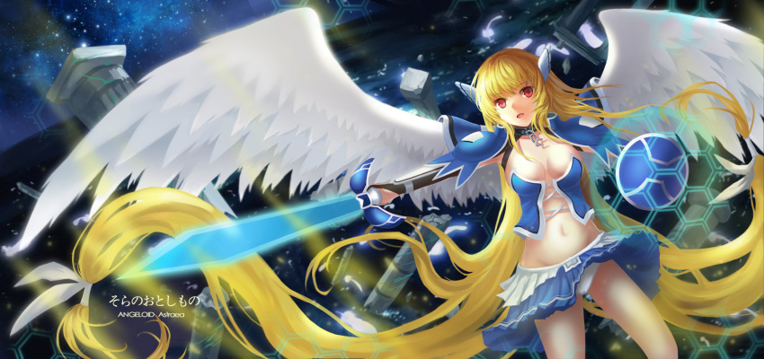1girl absurdly_long_hair angel_wings blonde_hair blue_skirt blush breasts character_request cleavage copyright_request eyebrows_visible_through_hair highres holding holding_sword holding_weapon hongse_beiyu large_breasts long_hair looking_at_viewer navel panties parted_lips skirt solo sword underwear very_long_hair weapon white_panties wings