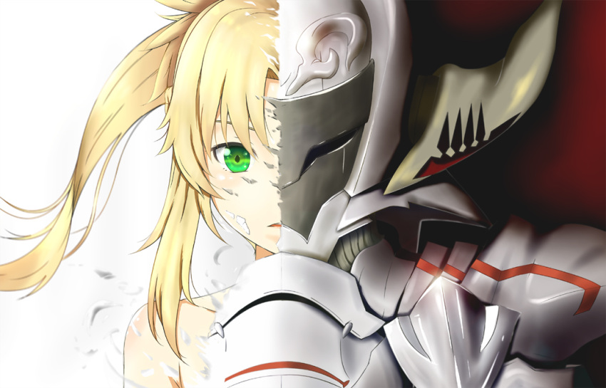 1girl armor blonde_hair collarbone fate/apocrypha fate_(series) green_eyes helmet long_hair looking_at_viewer parted_lips portrait saber_of_red simple_background solo tora_inu twintails white_background