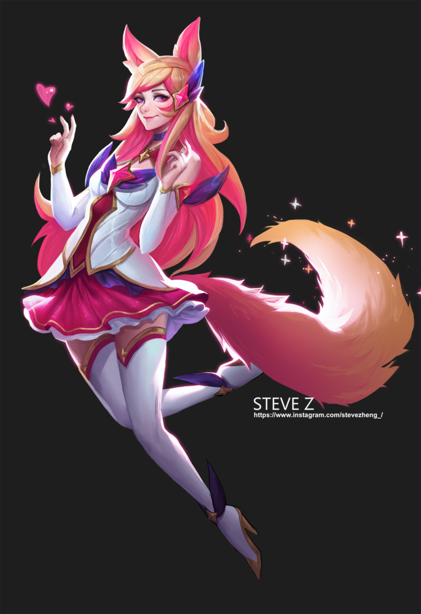 1girl ahri alternate_hair_color animal_ears bare_shoulders blonde_hair choker elbow_gloves fox_ears fox_girl fox_tail full_body gloves hair_ornament heart high_heels highres league_of_legends looking_at_viewer magical_girl multicolored_hair one_leg_raised pink_hair skirt solo star_guardian_ahri steve_zheng tail thigh-highs two-tone_hair violet_eyes zettai_ryouiki