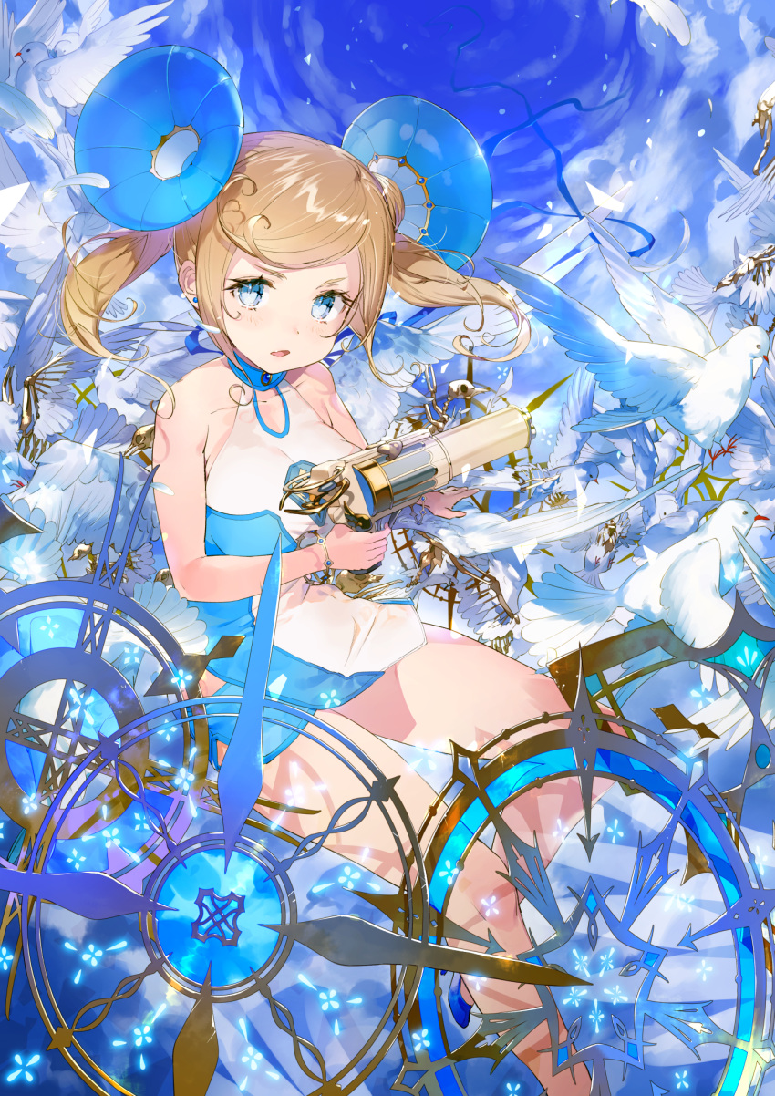 1girl angel angel_wings bangs bare_legs bird blonde_hair blue_eyes blue_sky blush breasts curly_hair day dress finger_on_trigger gears gun hair_ornament halter_dress halterneck highres holding holding_gun holding_weapon large_breasts looking_at_viewer original outdoors parted_lips short_dress sidelocks sky solo swept_bangs thighs tonito twintails weapon white_dress wings