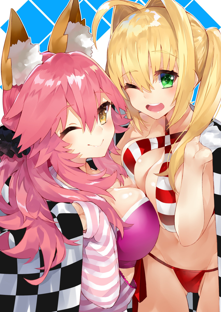 2girls ;&gt; ;) ;d absurdres ahoge animal_ears ass_visible_through_thighs bikini breasts checkered checkered_flag cleavage criss-cross_halter eyebrows_visible_through_hair fate/extra fate/extra_ccc fate/grand_order fate_(series) fox_ears from_side green_eyes hair_intakes hair_ornament hair_scrunchie halterneck highres kou_mashiro large_breasts long_sleeves looking_at_viewer multiple_girls nero_claudius_(fate)_(all) nero_claudius_(swimsuit_caster)_(fate) one_eye_closed open_mouth pink_hair scrunchie side-tie_bikini sleeves_past_wrists smile striped striped_bikini swimsuit tamamo_(fate)_(all) tamamo_no_mae_(fate) twintails yellow_eyes