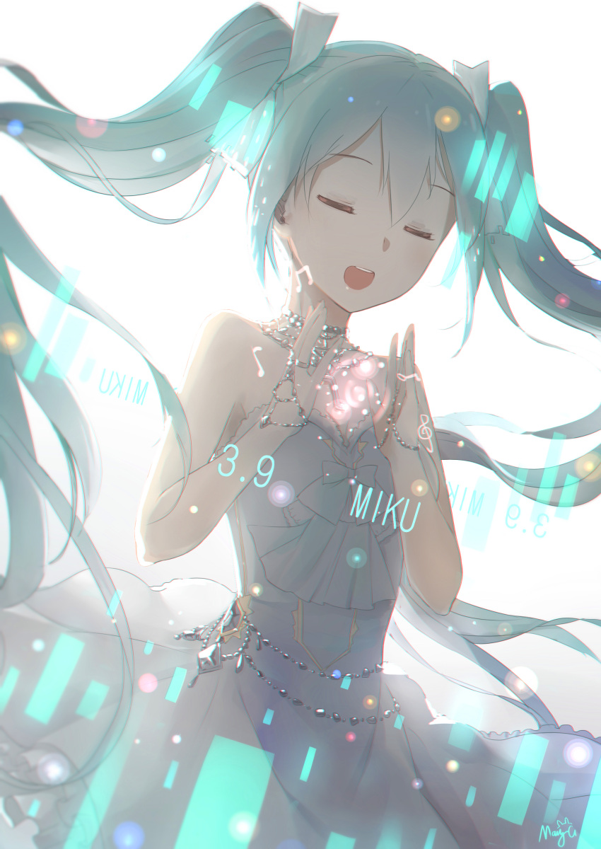 1girl absurdres blue_hair character_name choker closed_eyes dated dress dutch_angle floating_hair hair_between_eyes hair_ribbon hatsune_miku highres jewelry long_hair maya_g musical_note open_mouth ribbon ring signature simple_background sleeveless sleeveless_dress solo standing strapless strapless_dress twintails vocaloid wedding_dress white_background white_dress white_ribbon