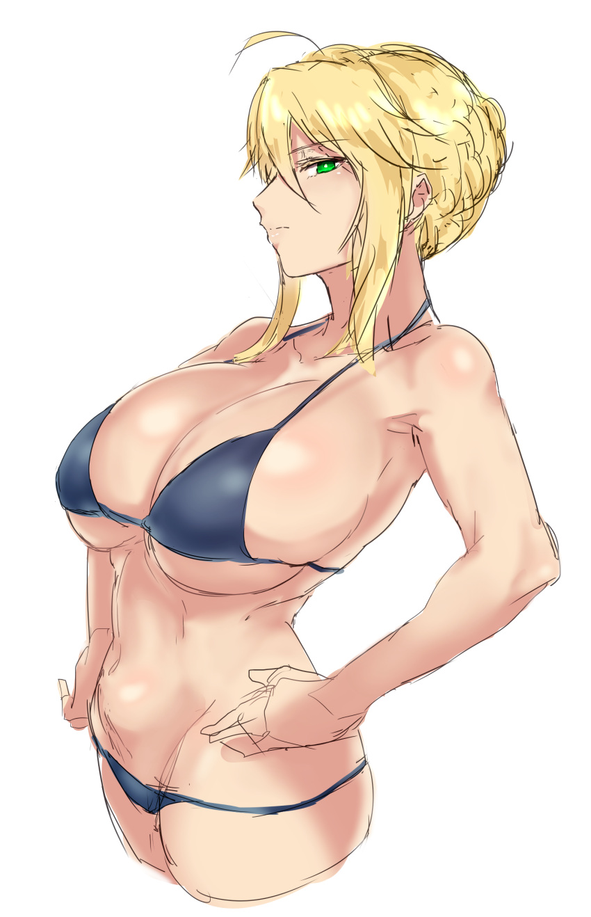 1girl ahoge artoria_pendragon_(all) artoria_pendragon_(lancer) bikini blonde_hair blue_bikini breasts cleavage fate/grand_order fate_(series) green_eyes hands_on_hips highres hometa large_breasts looking_at_viewer navel simple_background sketch solo swimsuit white_background