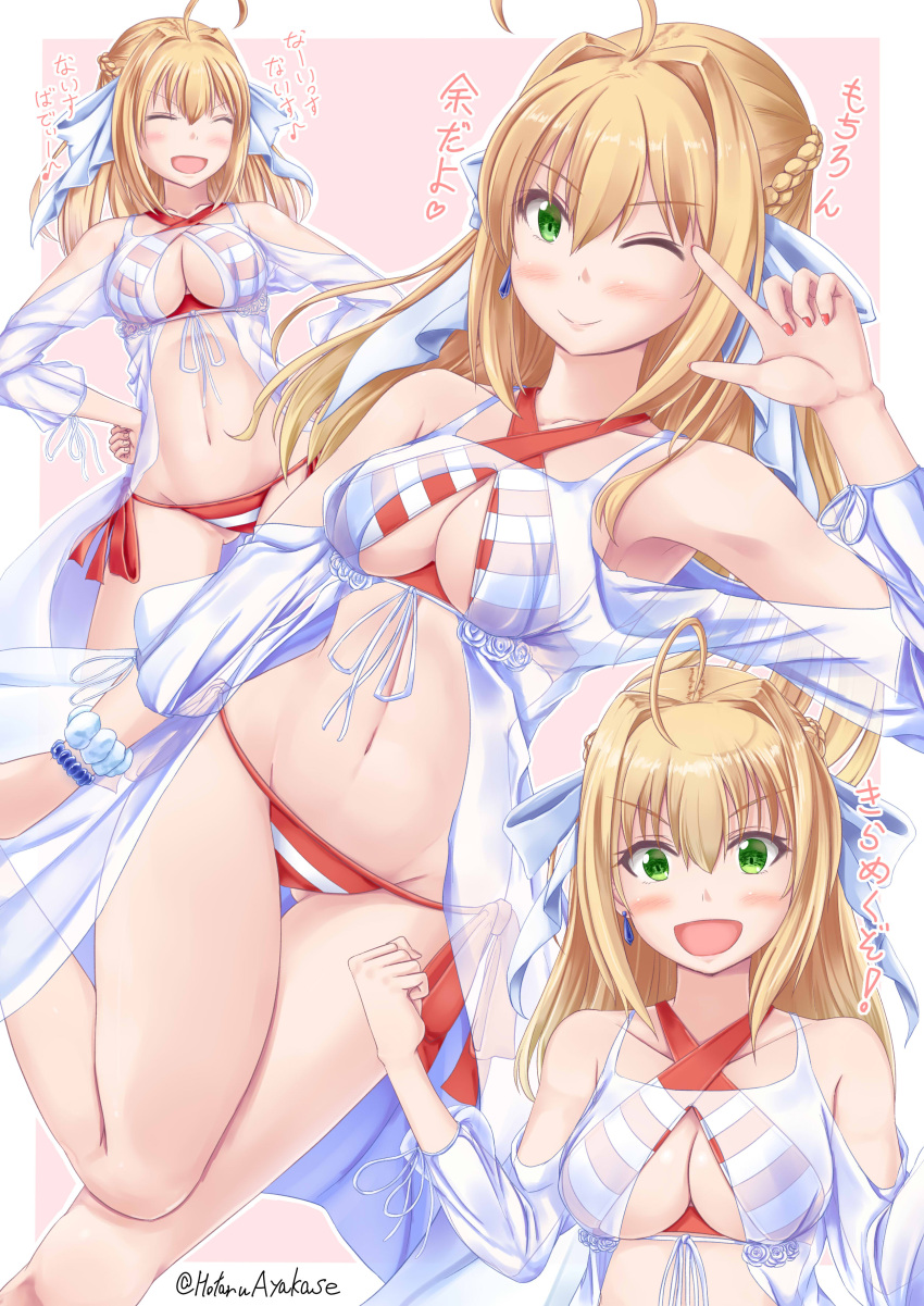 1girl :d ;) absurdres ahoge arm_at_side ayakase_hotaru bangs bare_shoulders bead_bracelet beads bikini blonde_hair blush bracelet braid breasts cleavage closed_eyes closed_mouth collarbone commentary_request cowboy_shot criss-cross_halter dress earrings eyebrows_visible_through_hair fate/grand_order fate_(series) fingernails french_braid gluteal_fold gown green_eyes hair_intakes hair_ornament hair_ribbon halter_top halterneck hand_to_head hands_on_hips hands_up highres jewelry large_breasts leg_up long_fingernails long_hair looking_at_viewer multiple_views nail_polish navel nero_claudius_(swimsuit_caster)_(fate) one_eye_closed one_leg_raised open_mouth red_bikini red_nails ribbon saber_extra scrunchie short_sleeves shoulder_cutout side-tie_bikini sidelocks smile solo standing standing_on_one_leg striped striped_bikini swimsuit thigh_gap translation_request twintails white_ribbon wide_sleeves wrist_scrunchie