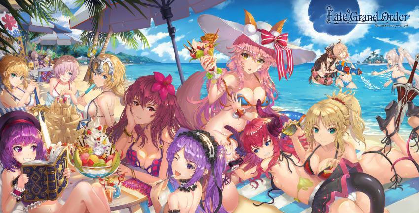 6+girls absurdres animal_ears ass beach beach_umbrella blonde_hair blue_eyes blush book breasts brown_hair character_request cleavage closed_mouth copyright_name demon_archer eyebrows_visible_through_hair fate/grand_order fate_(series) fox_ears fox_tail green_eyes green_hair headpiece highres holding holding_book hongse_beiyu horns innertube kiyohime_(fate/grand_order) lancer_(fate/extra_ccc) large_breasts looking_at_another looking_at_viewer lying multiple_girls navel on_stomach one_eye_closed parted_lips pink_hair purple_hair ruler_(fate/apocrypha) saber_of_red scathach_(fate/grand_order) scathach_(swimsuit_assassin)_(fate) shielder_(fate/grand_order) short_hair short_ponytail sideboob sitting smile table tail tamamo_(fate)_(all) tamamo_no_mae_(swimsuit_lancer)_(fate) teeth twintails umbrella violet_eyes water_gun yellow_eyes