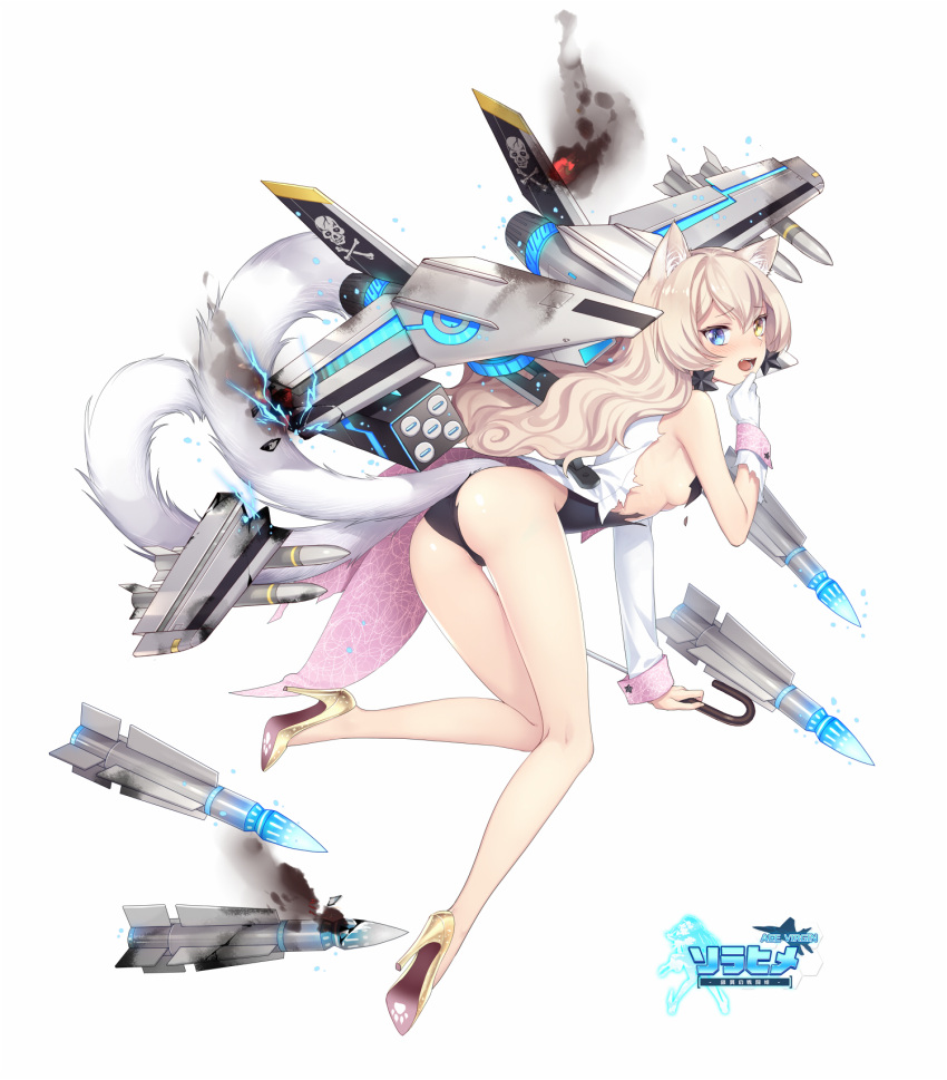 1girl ace_virgin aircraft airplane ass asymmetrical_sleeves bangs black_leotard blonde_hair blue_eyes eyebrows_visible_through_hair f-14_tomcat fhalei full_body gloves heterochromia high_heels highres holding holding_stick holding_sword holding_weapon jacket leotard looking_at_viewer mecha_musume multiple_tails open_mouth simple_background solo standing standing_on_one_leg sword tail torn_clothes two_tails weapon white_background white_gloves white_jacket yellow_eyes