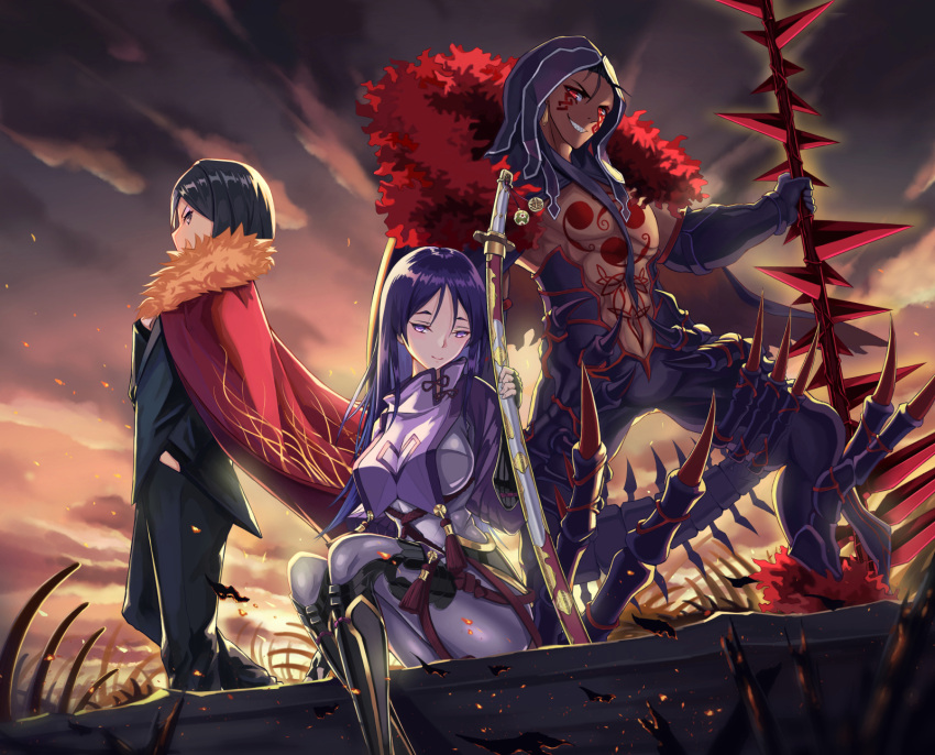 1girl 2boys augu_(523764197) bangs blue_hair bodysuit breasts cu_chulainn_alter_(fate/grand_order) fate/grand_order fate_(series) gloves highres hood jewelry lancer large_breasts long_hair looking_at_viewer minamoto_no_raikou_(fate/grand_order) multiple_boys open_mouth purple_hair red_eyes smile sword tattoo very_long_hair violet_eyes waver_velvet weapon