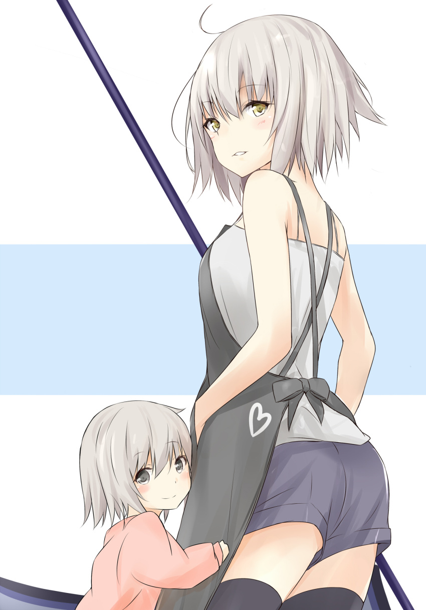 2girls ahoge apron bangs bare_shoulders blush breasts closed_mouth commentary_request cowboy_shot eyebrows_visible_through_hair fate/apocrypha fate/grand_order fate_(series) grey_eyes grey_hair hair_between_eyes hair_ribbon highres if_they_mated jeanne_alter looking_at_viewer mother_and_daughter multiple_girls ribbon ruler_(fate/apocrypha) saku_(kudrove) yellow_eyes