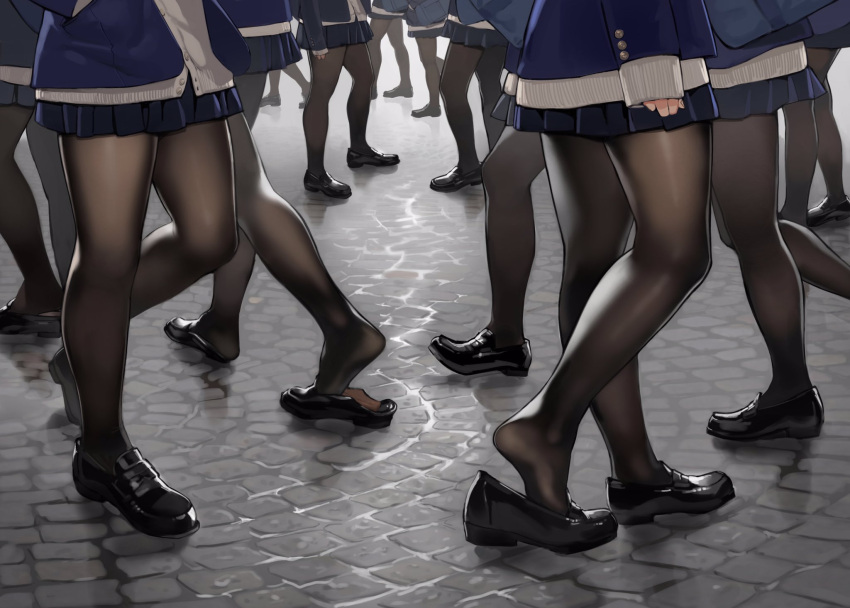 6+girls black_shoes blazer blue_skirt cardigan day highres jacket legs loafers miniskirt multiple_girls open_blazer open_clothes open_jacket original outdoors pantyhose pleated_skirt shoes skirt sleeves_past_wrists standing thighs yomu_(sgt_epper)