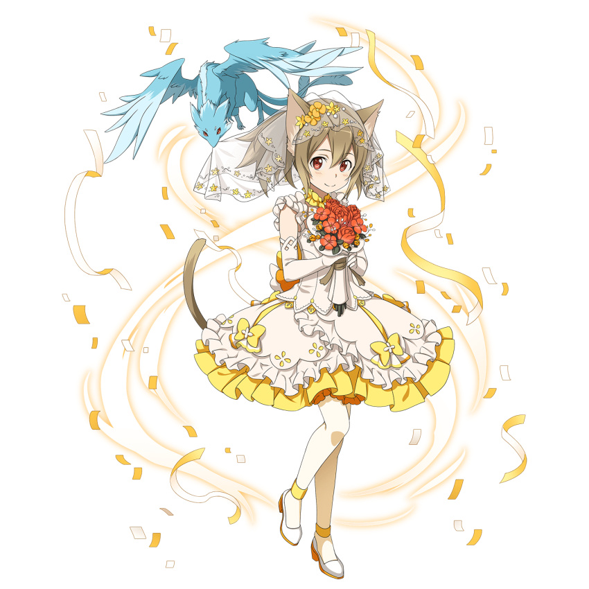 1girl animal_ears bouquet bridal_veil brown_hair cat_ears cat_tail dress elbow_gloves flower full_body gloves hair_between_eyes highres holding holding_bouquet long_hair looking_at_viewer pantyhose pina_(sao) red_eyes red_flower ribbon short_dress silica silica_(sao-alo) sleeveless sleeveless_dress smile solo standing sword_art_online tail transparent_background veil wedding_dress white_dress white_gloves white_legwear yellow_ribbon