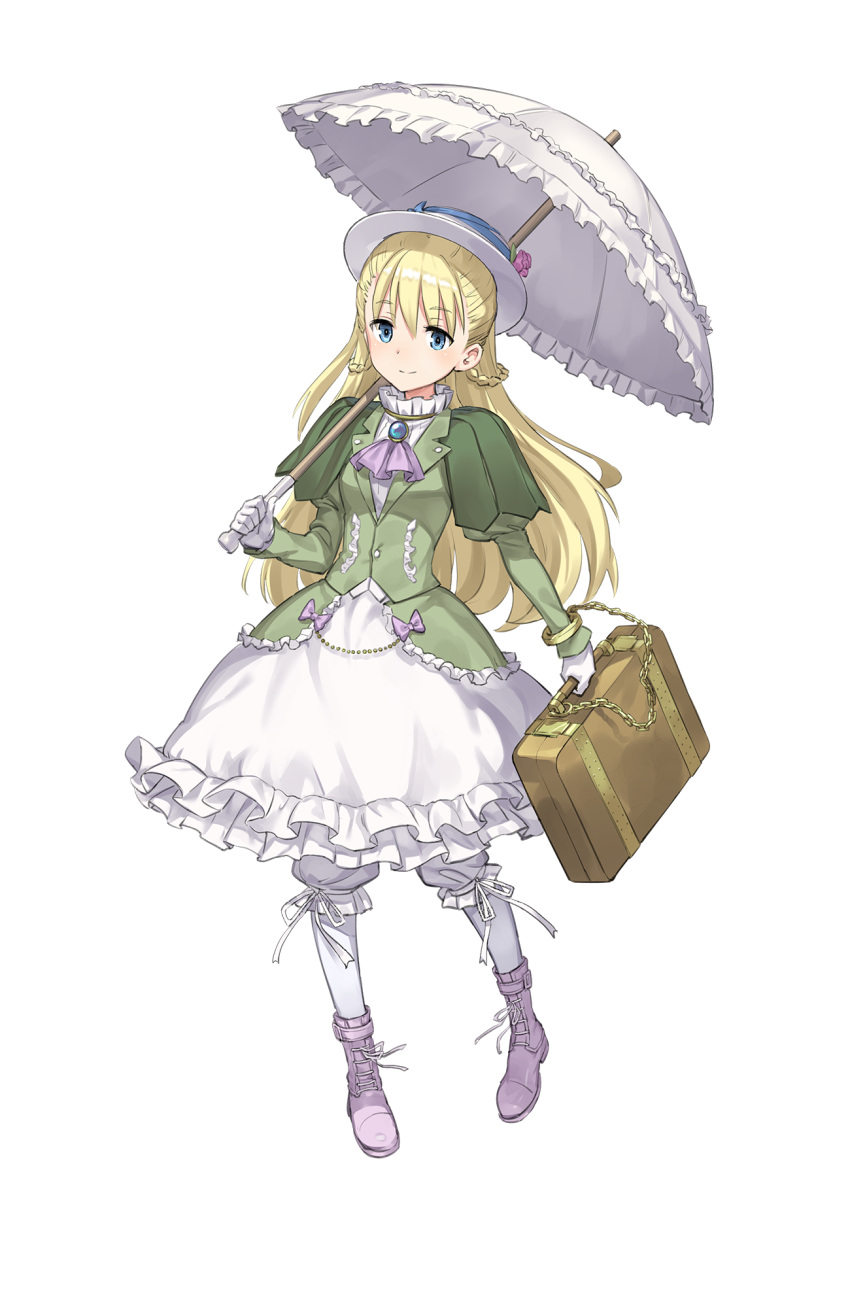 1girl blonde_hair blue_eyes bow braid briefcase chains dress flower frilled_dress frills full_body gloves green_dress hat hat_flower highres long_hair looking_at_viewer monica_golding official_art over_shoulder parasol princess_principal princess_principal_game_of_mission shoes smile solo standing umbrella very_long_hair white_bow white_gloves white_hat white_legwear white_shoes white_umbrella