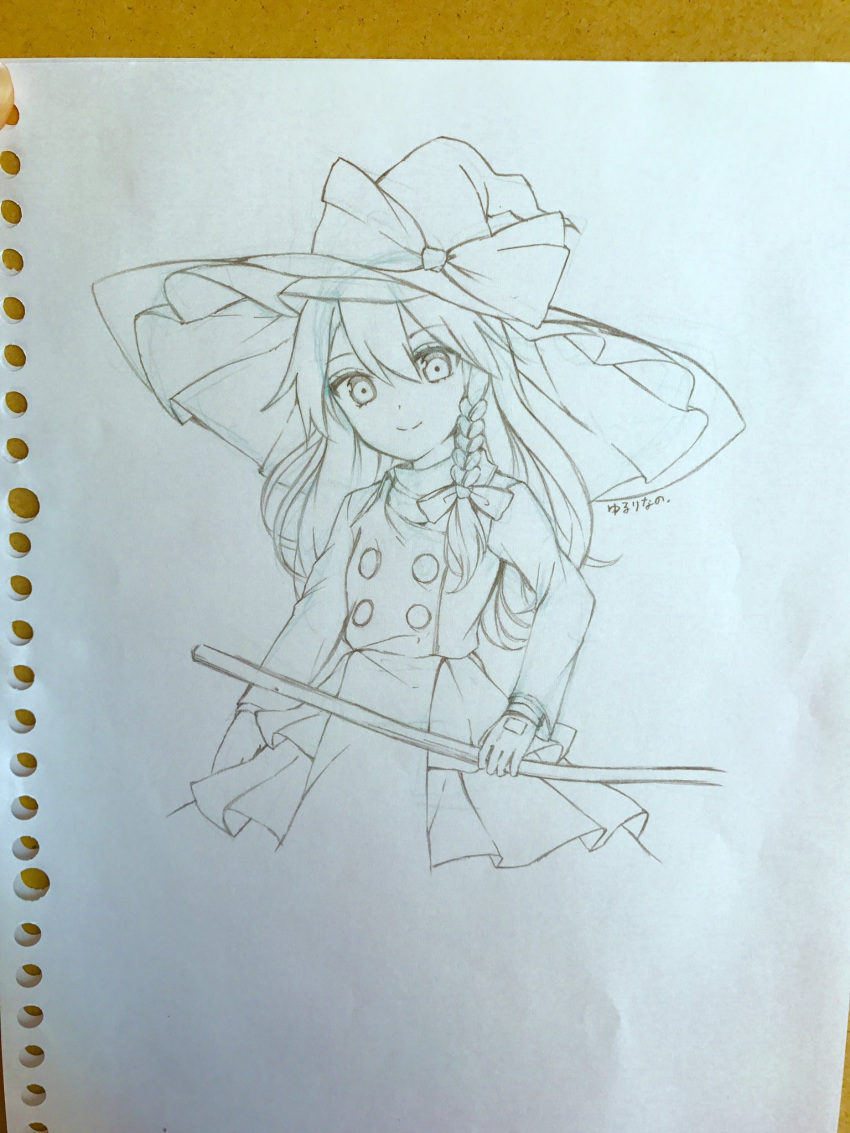 1girl bow braid broom forbidden_scrollery graphite_(medium) hat hat_bow highres kirisame_marisa long_hair looking_at_viewer monochrome paper petticoat photo single_braid sketch smile solo touhou traditional_media trench_coat witch_hat yururi_nano