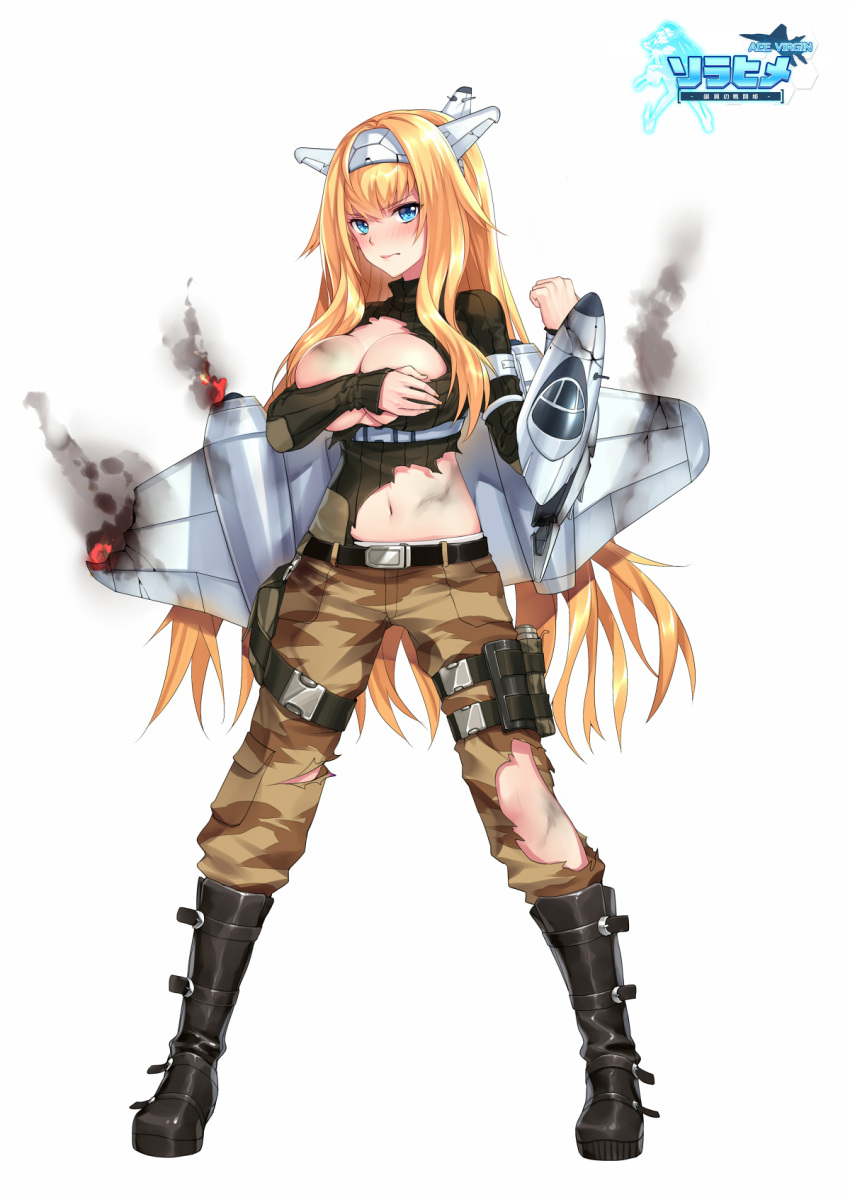 1girl ace_virgin aircraft airplane bangs belt black_sweater blue_eyes blush boots breast_squeeze breasts broken camouflage camouflage_pants cleavage_cutout closed_mouth copyright_name covering_nipples eyebrows_visible_through_hair fhalei fire frown full_body hand_up headgear highres knee_boots large_breasts leg_belt lips logo long_hair long_sleeves looking_at_viewer machinery mecha_musume navel orange_hair pants pouch ribbed_sweater simple_background solo standing sweater torn_clothes very_long_hair white_background