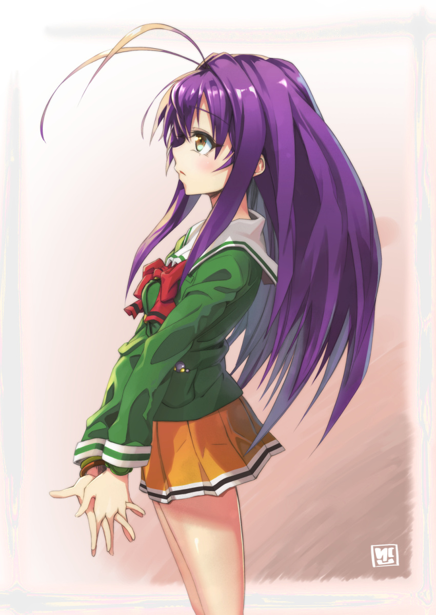 1girl antenna_hair bangs bow bowtie bracelet brown_eyes eyebrows_visible_through_hair from_side green_shirt highres interlocked_fingers jewelry kakko_madoka kotobuki_miyuki long_hair long_sleeves looking_to_the_side own_hands_together parted_lips pleated_skirt pocket profile purple_hair school_uniform serafuku shirt sidelocks skirt solo standing tokimeki_memorial tokimeki_memorial_2 yellow_skirt