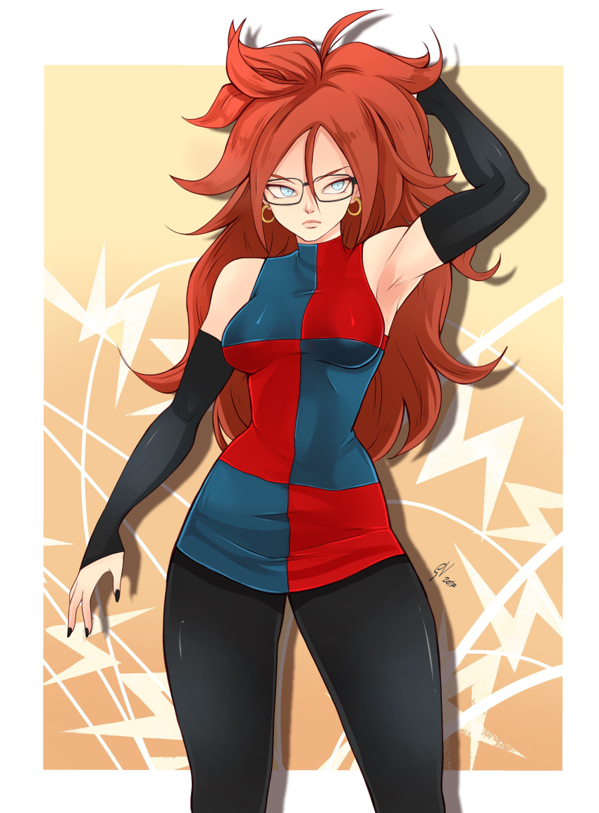 1girl absurdres android_21 bare_shoulders black-framed_eyewear blue_eyes breasts brown_hair curly_hair detached_sleeves dragon_ball dragon_ball_fighterz dress earrings giulia_valeriani glasses highres hoop_earrings jewelry long_hair looking_at_viewer medium_breasts nail_polish pantyhose redhead solo