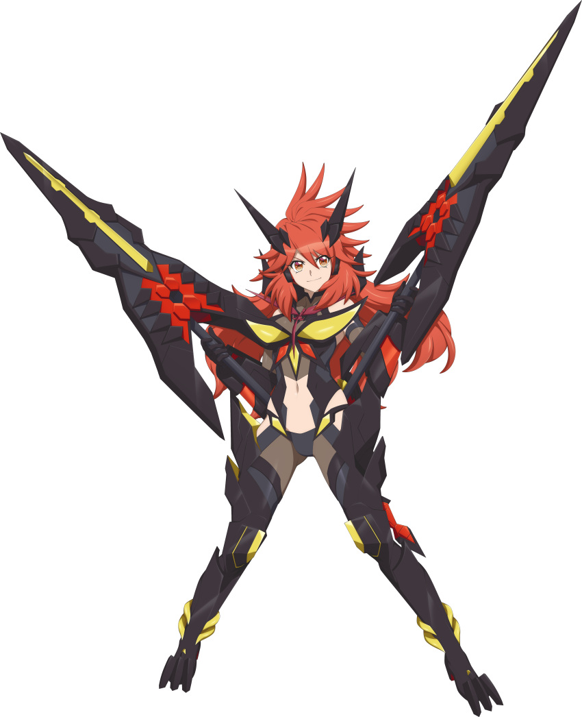 1girl absurdres amou_kanade bare_shoulders bodysuit chuunioniika closed_mouth eyebrows_visible_through_hair full_body highres long_hair looking_at_viewer midriff navel orange_eyes redhead senki_zesshou_symphogear shiny shiny_hair shiny_skin simple_background smile solo transparent_background