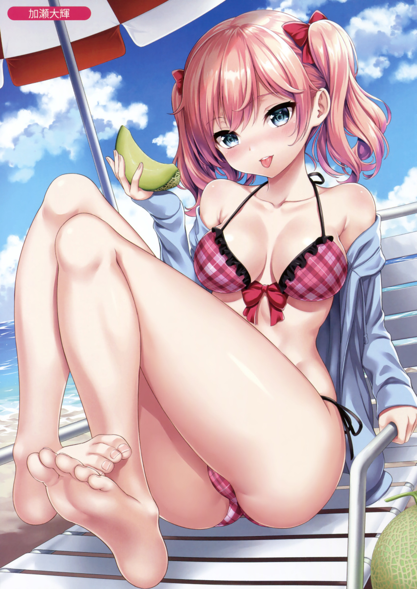 :p absurdres bare_legs barefoot beach_umbrella bikini blue_eyes blue_sky blush bow breasts chair collarbone day food foreshortening front-tie_bikini front-tie_top fruit hair_bow halterneck highres kase_daiki looking_at_viewer lounge_chair medium_breasts melon melonbooks outdoors pink_bikini pink_hair plaid plaid_bikini scan side-tie_bikini sitting sky swimsuit tongue tongue_out twintails umbrella
