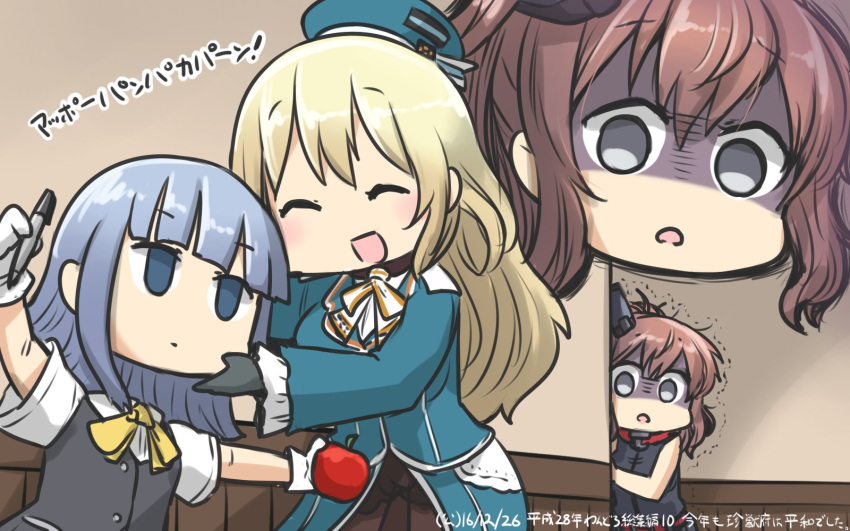 3girls :d ^_^ ^o^ apple atago_(kantai_collection) beret black_dress black_gloves blonde_hair blouse blue_eyes blue_hair brown_hair closed_eyes disembodied_head dress duplicate empty_eyes food fruit gloves grey_eyes grey_vest hair_between_eyes hamu_koutarou hat hatsukaze_(kantai_collection) highres holding holding_fruit holding_pen kantai_collection long_hair long_sleeves marker military military_uniform multiple_girls neckerchief open_mouth pan-pa-ka-paaan! pantyhose parody peeking_out pen pen-pineapple-apple-pen red_neckerchief saratoga_(kantai_collection) scared scarf school_uniform shaded_face short_sleeves silver_hair smile smokestack translated trembling uniform vest white_blouse white_gloves zoom_layer