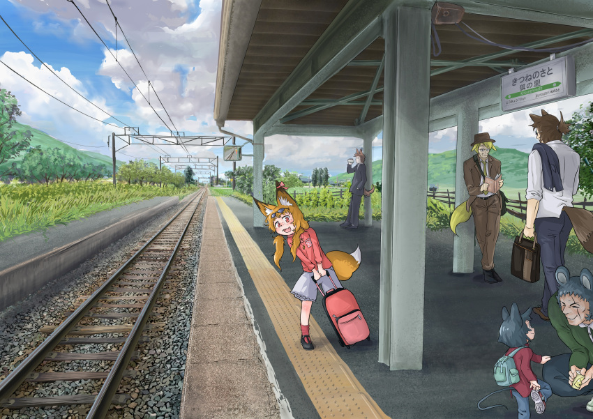 2girls 4boys absurdres adjusting_clothes adjusting_shoe animal_ears backpack bag black_hair black_shoes blonde_hair blue_jacket blue_pants blue_sky blush book breast_pocket brown_hair brown_jacket brown_pants business_suit can child clouds cloudy_sky commentary_request day doitsuken drinking fence field formal fox_boy fox_ears fox_tail freckles grass gravel green_shirt highres holding holding_bag holding_book holding_can jacket jacket_on_shoulders jewelry leaning_on_object legs_crossed long_hair long_sleeves looking_at_another maroon_shirt mountain mouse_ears mouse_girl mouse_tail multiple_boys multiple_girls necklace open_book open_mouth orange_hair original outdoors pants pink_shirt pocket ponytail power_lines railroad_tracks reading red_eyes red_legwear scar scar_across_eye scenery shirt shoes short_hair shorts shoulder_bag sign sky sleeves_rolled_up smile socks standing standing_on_one_leg suit sunglasses sunglasses_on_head tail train_station tree walking white_shirt white_shorts wooden_fence